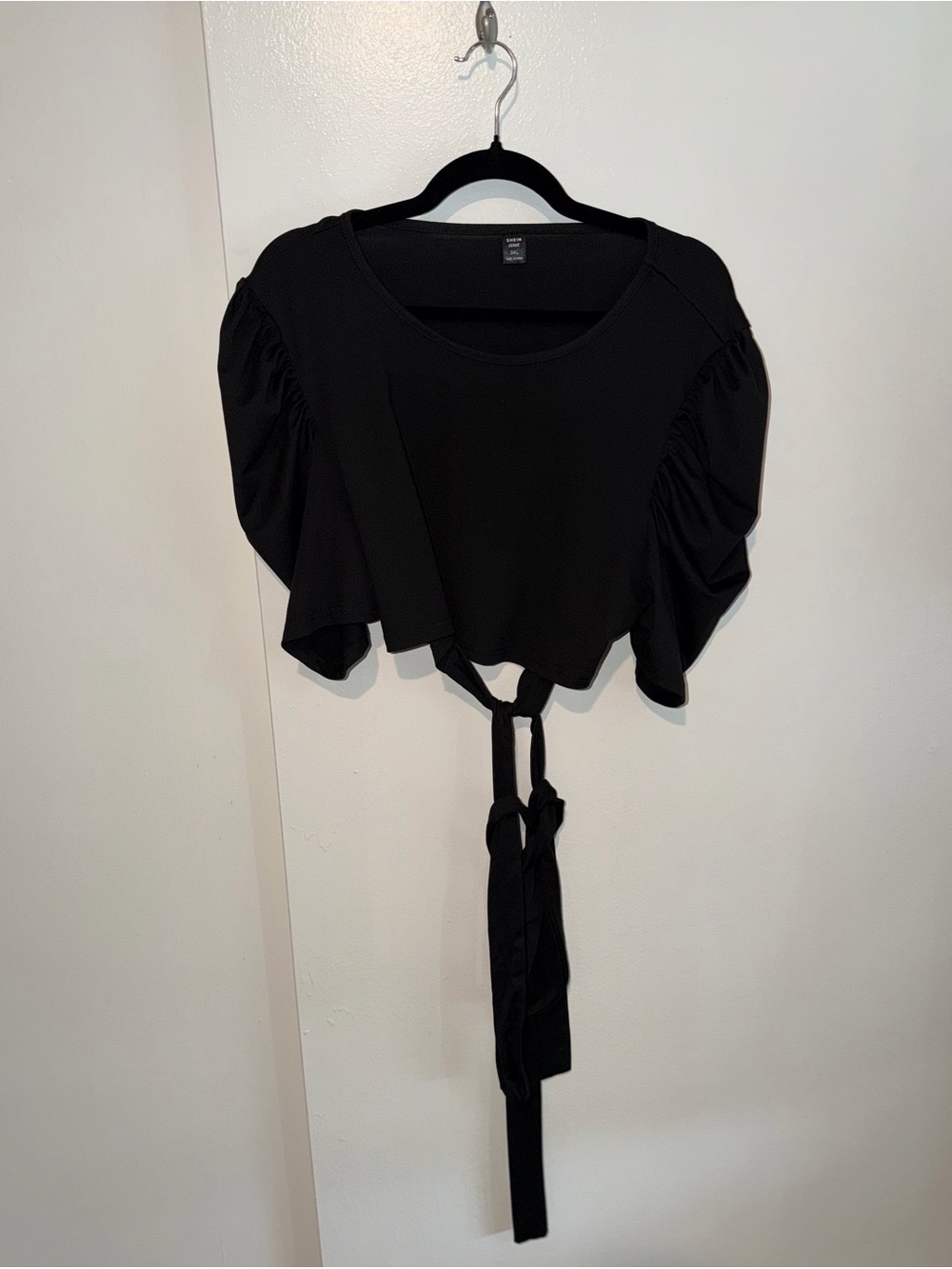 Women’s Plus Black Tie Front Cropped Puff Sleeve Scoop Neck Shirt Size 3XL - Picture 2 of 5